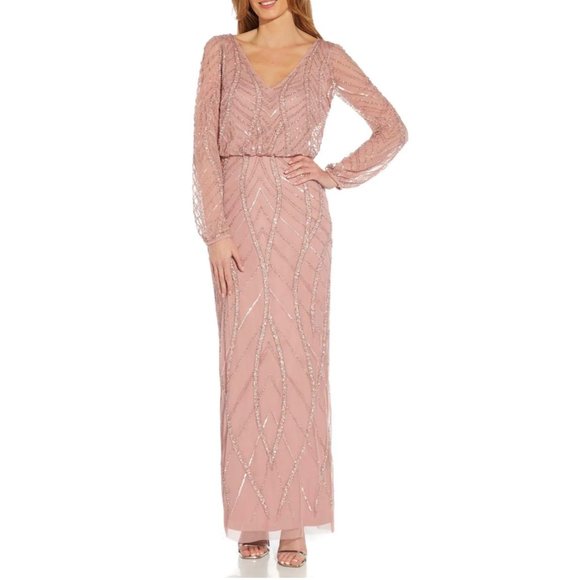 Adrianna Papell Long Sleeve Beaded Blousson Evening Gown with V Neckline Candied - Picture 1 of 11